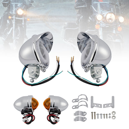 Motorcycle Beam Headlight Fog Lamp Custom Chrome Fits For Racer Bobber Chopper