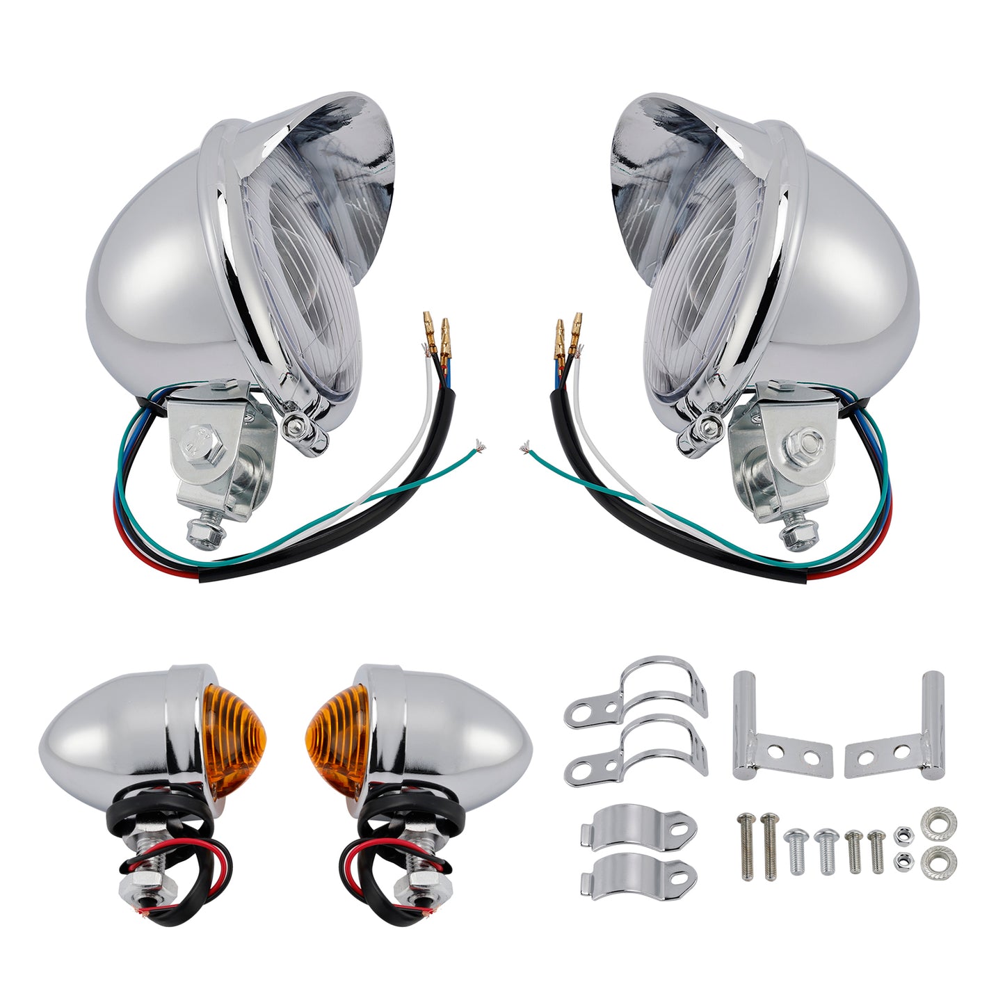 Motorcycle Beam Headlight Fog Lamp Custom Chrome Fits For Racer Bobber Chopper