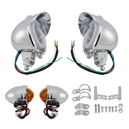 Motorcycle Beam Headlight Fog Lamp Custom Chrome Fits For Racer Bobber Chopper
