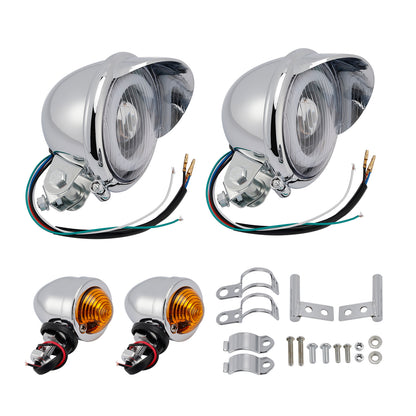 Motorcycle Beam Headlight Fog Lamp Custom Chrome Fits For Racer Bobber Chopper