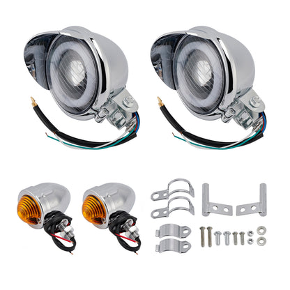 Motorcycle Beam Headlight Fog Lamp Custom Chrome Fits For Racer Bobber Chopper