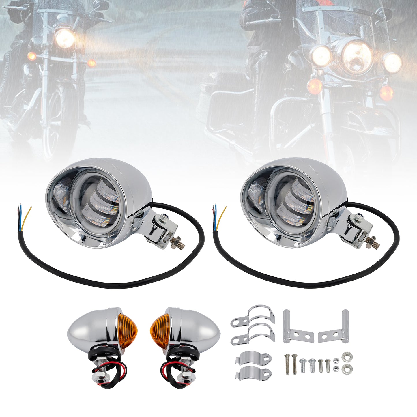 Motorcycle Beam Headlight Fog Lamp Custom Chrome Fits For Racer Bobber Chopper