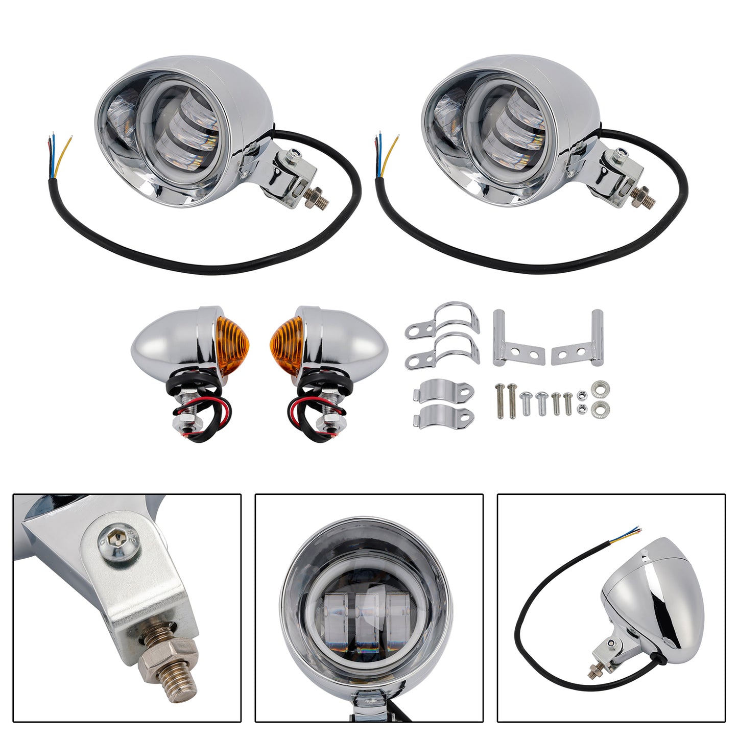 Motorcycle Beam Headlight Fog Lamp Custom Chrome Fits For Racer Bobber Chopper