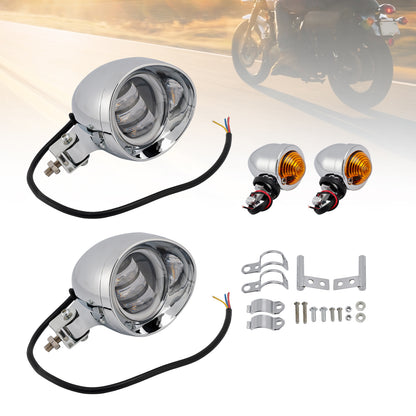 Motorcycle Beam Headlight Fog Lamp Custom Chrome Fits For Racer Bobber Chopper