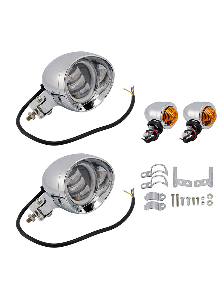 Motorcycle Beam Headlight Fog Lamp Custom Chrome Fits For Racer Bobber Chopper