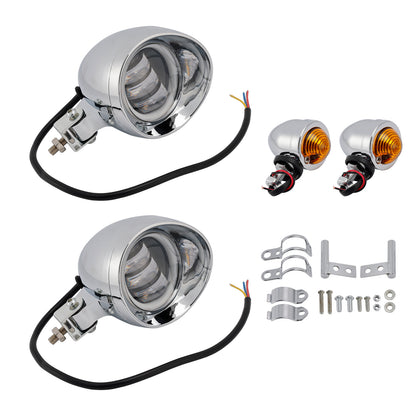 Motorcycle Beam Headlight Fog Lamp Custom Chrome Fits For Racer Bobber Chopper