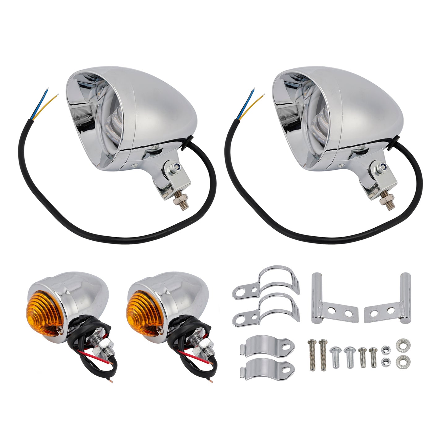Motorcycle Beam Headlight Fog Lamp Custom Chrome Fits For Racer Bobber Chopper