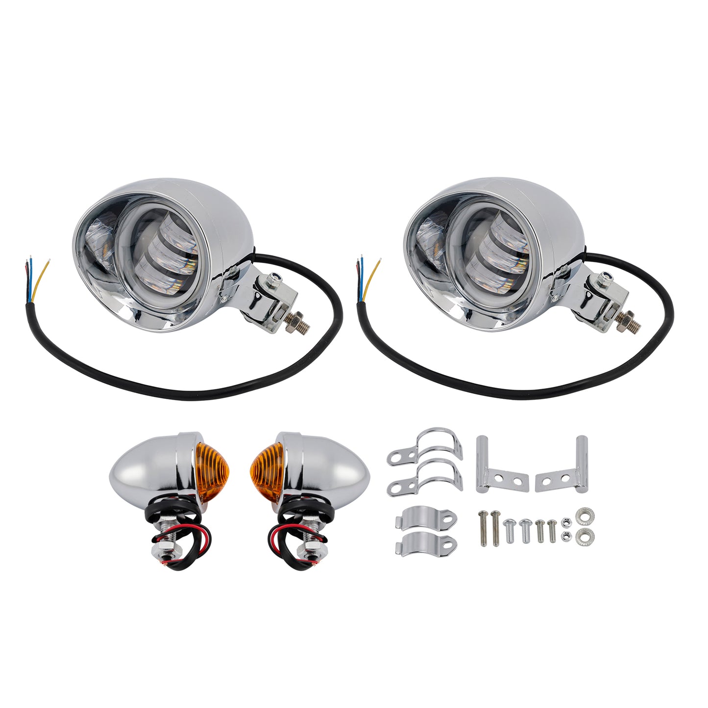 Motorcycle Beam Headlight Fog Lamp Custom Chrome Fits For Racer Bobber Chopper