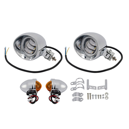 Motorcycle Beam Headlight Fog Lamp Custom Chrome Fits For Racer Bobber Chopper