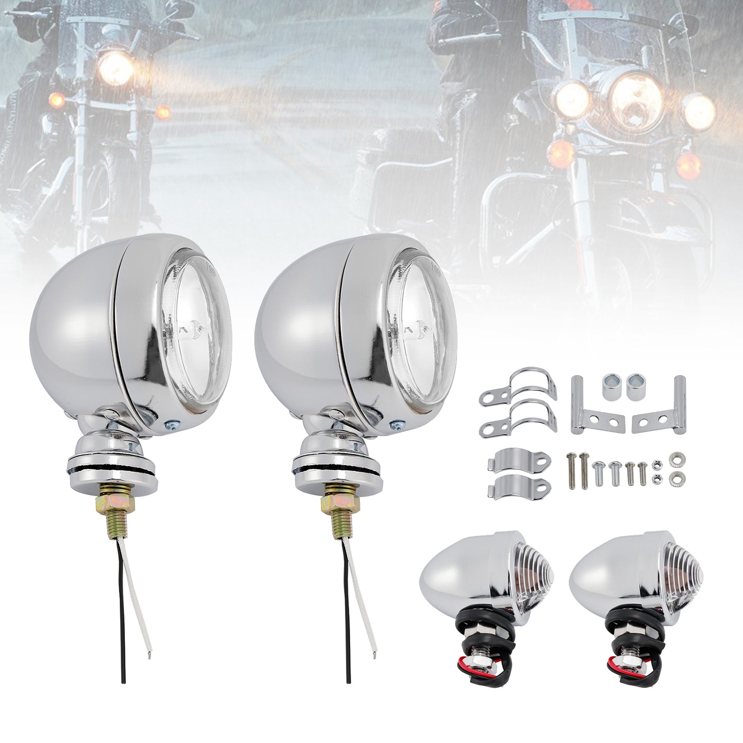 Motorcycle Beam Headlight Fog Lamp Custom Chrome Fits For Racer Bobber Chopper