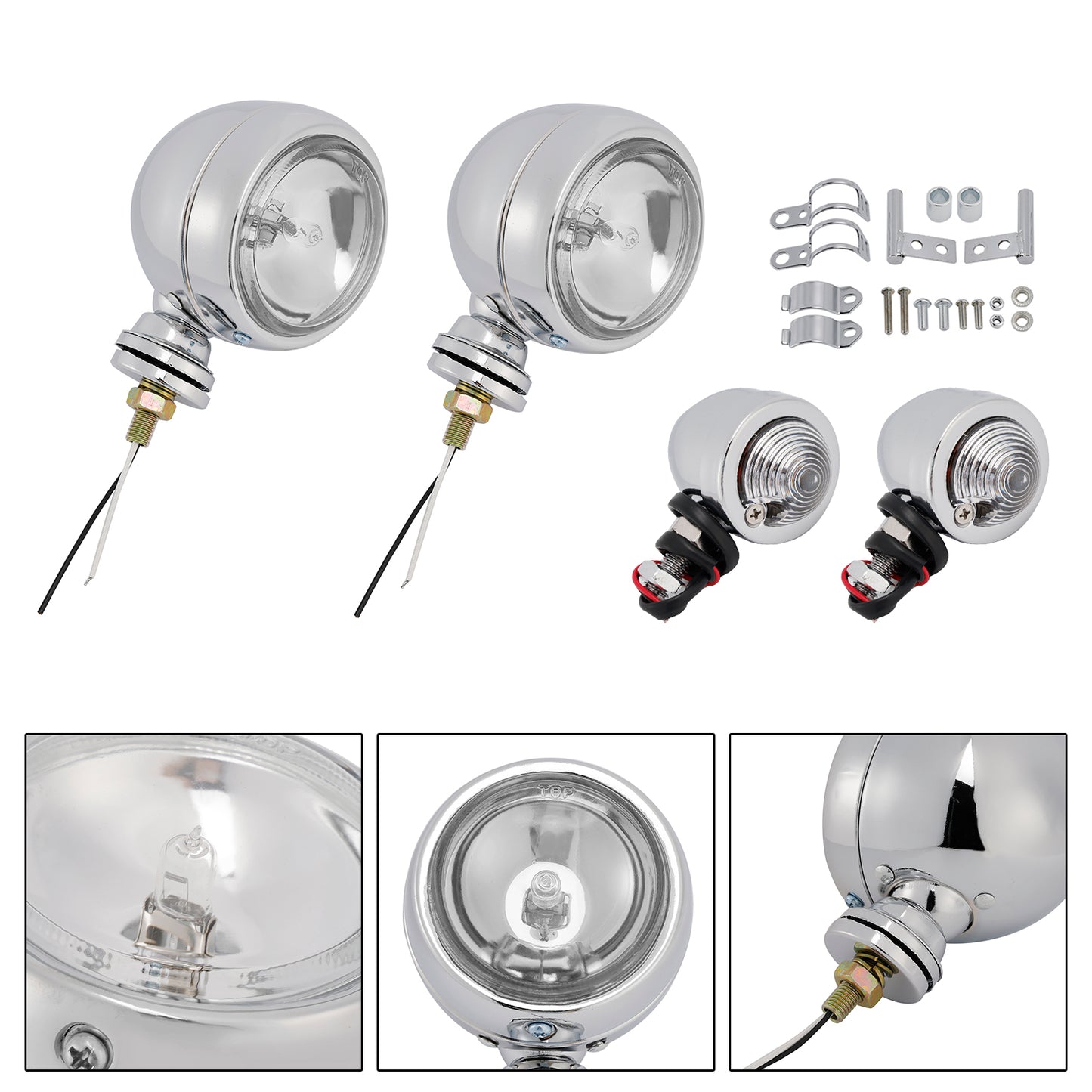 Motorcycle Beam Headlight Fog Lamp Custom Chrome Fits For Racer Bobber Chopper