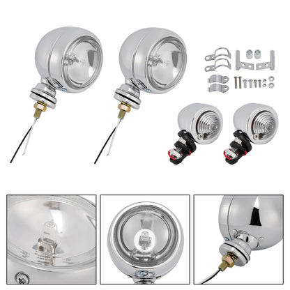 Motorcycle Beam Headlight Fog Lamp Custom Chrome Fits For Racer Bobber Chopper