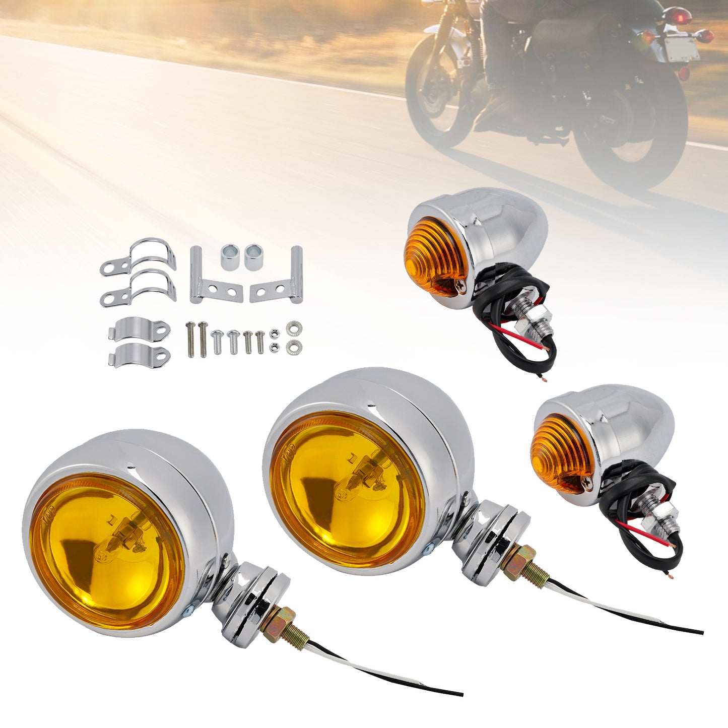 Motorcycle Beam Headlight Fog Lamp Custom Chrome Fits For Racer Bobber Chopper