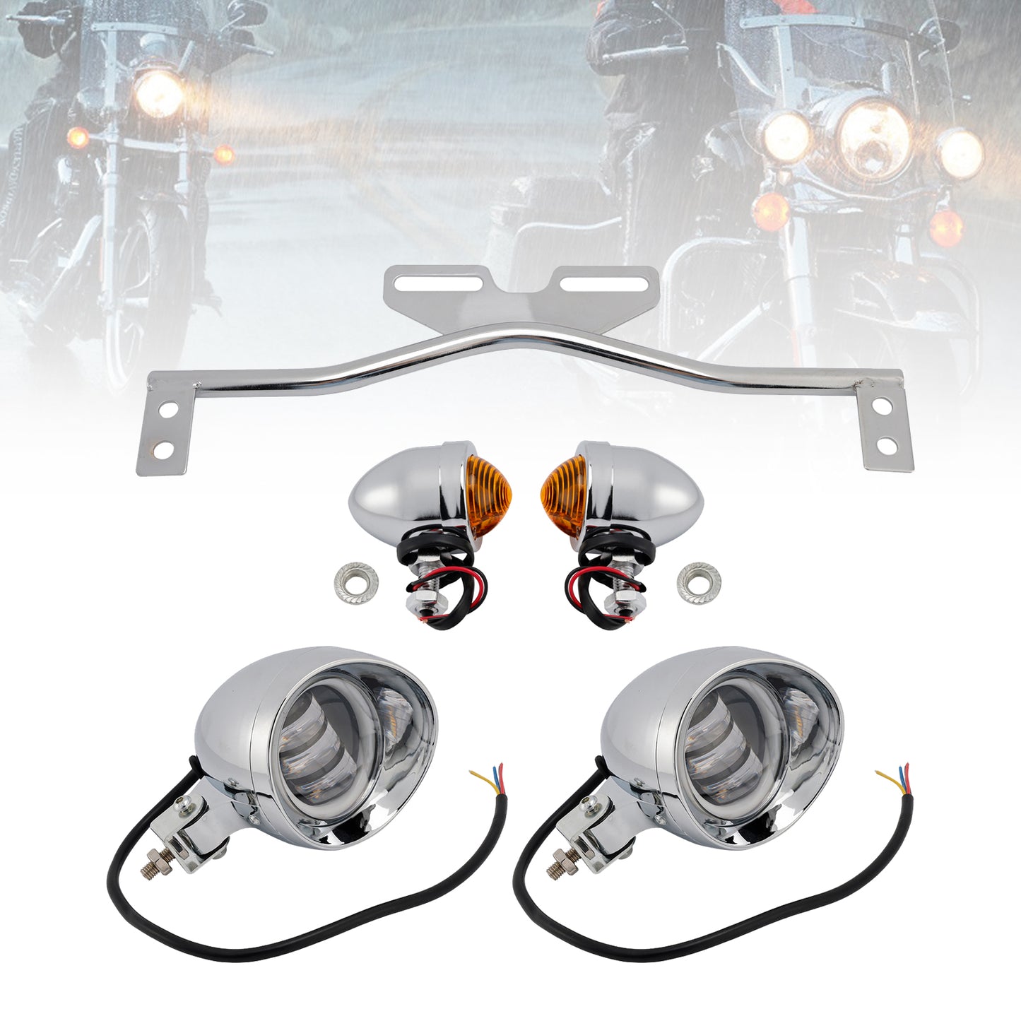 Motorcycle Beam Headlight Fog Lamp Custom Chrome Fits For Racer Bobber Chopper