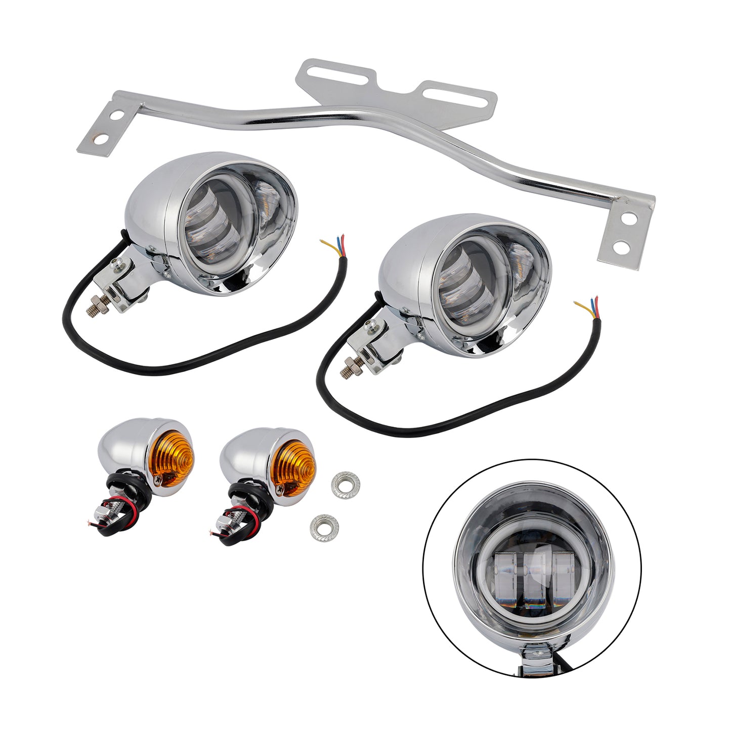 Motorcycle Beam Headlight Fog Lamp Custom Chrome Fits For Racer Bobber Chopper