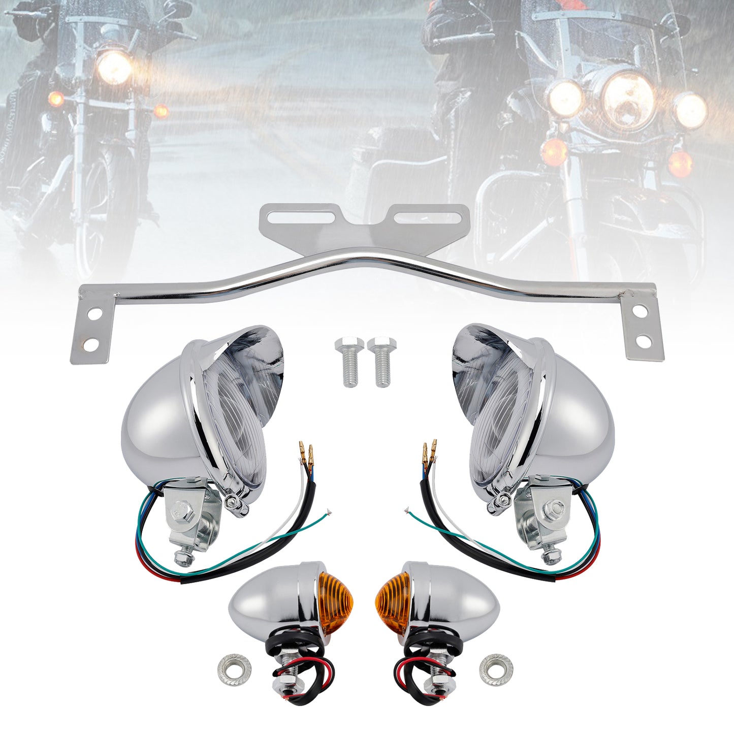 Motorcycle Beam Headlight Fog Lamp Custom Chrome Fits For Racer Bobber Chopper