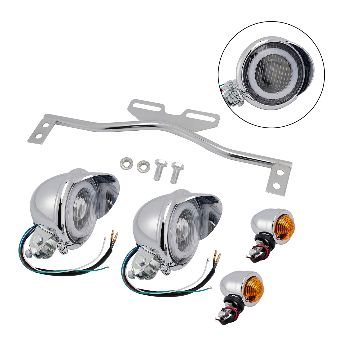 Motorcycle Beam Headlight Fog Lamp Custom Chrome Fits For Racer Bobber Chopper