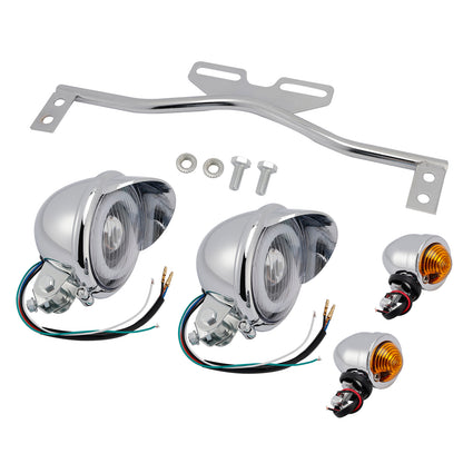 Motorcycle Beam Headlight Fog Lamp Custom Chrome Fits For Racer Bobber Chopper