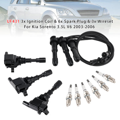 Kia Sorento 3.5L V6 2003-2006 UF431 3xIgnition Coil & 6x Spark Plug & 3xWireset 1788288 230054