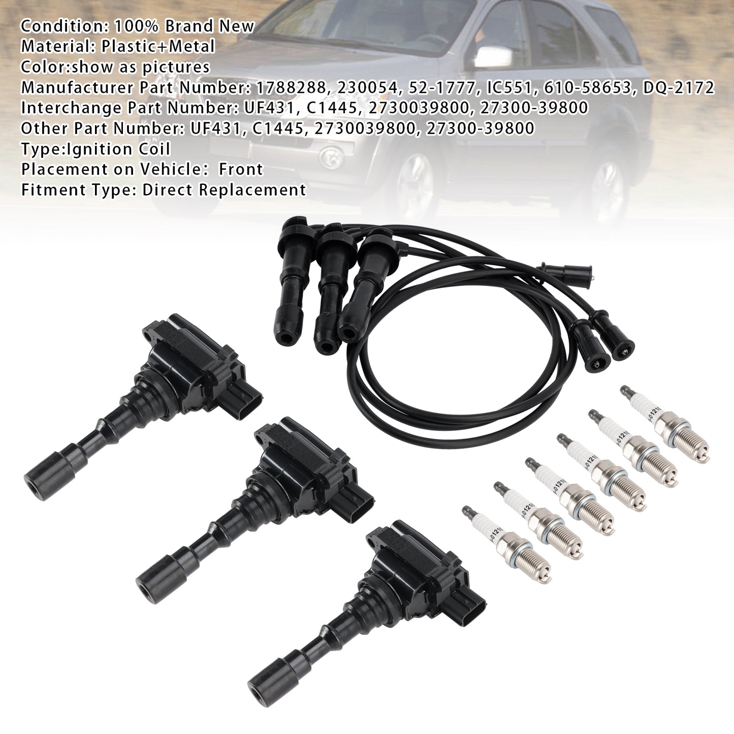 Kia Sorento 3.5L V6 2003-2006 UF431 3xIgnition Coil & 6x Spark Plug & 3xWireset 1788288 230054