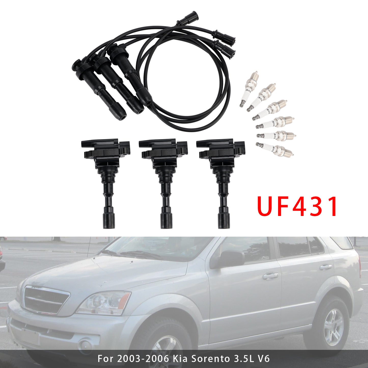 Kia Sorento 3.5L V6 2003-2006 UF431 3xIgnition Coil & 6x Spark Plug & 3xWireset 1788288 230054