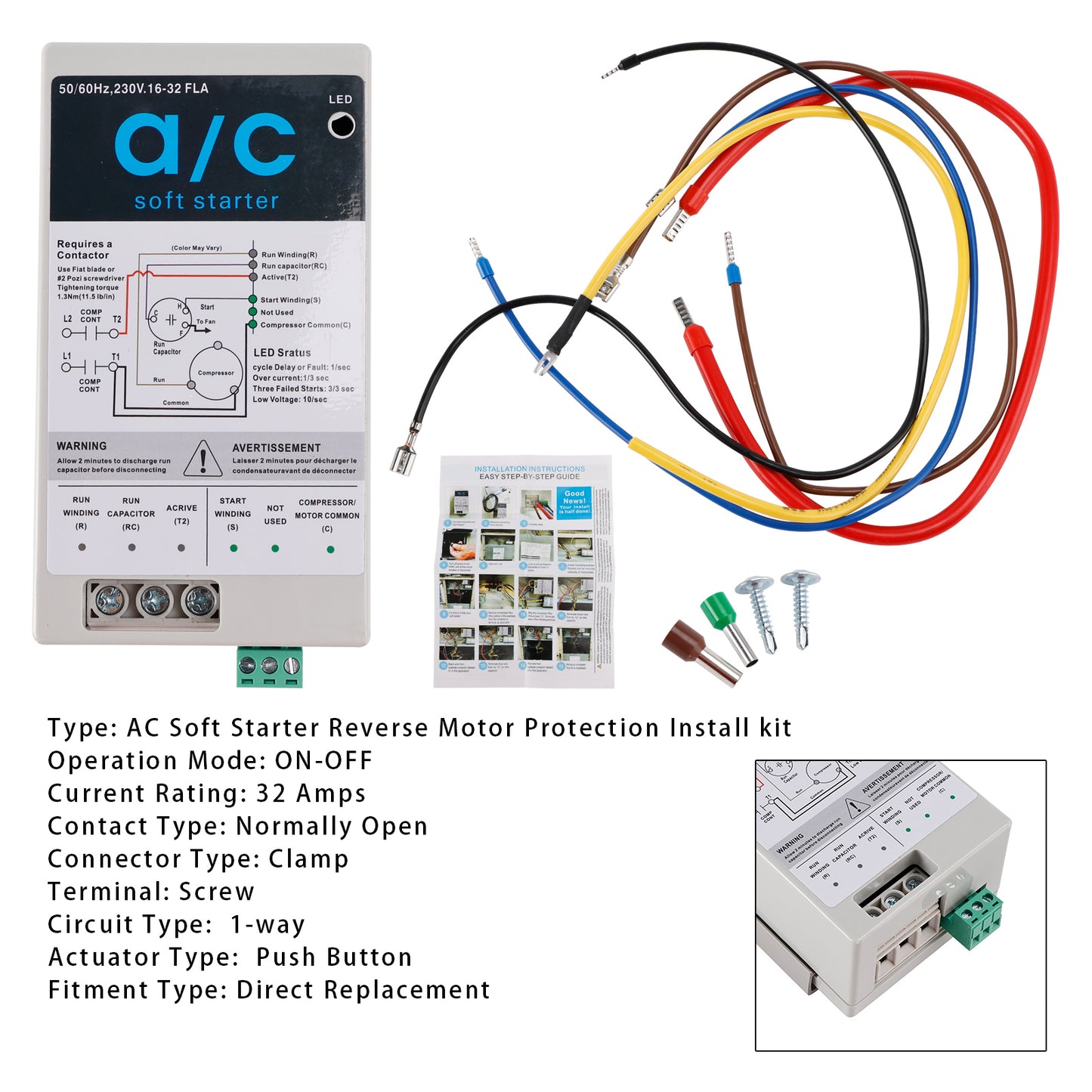 AC Soft Starter Reverse Motor Protection Easy DIY Install kit Fits Inside AC Compact Surge Protector & Motor Saver Ideal For HVAC Generators & Utility Power