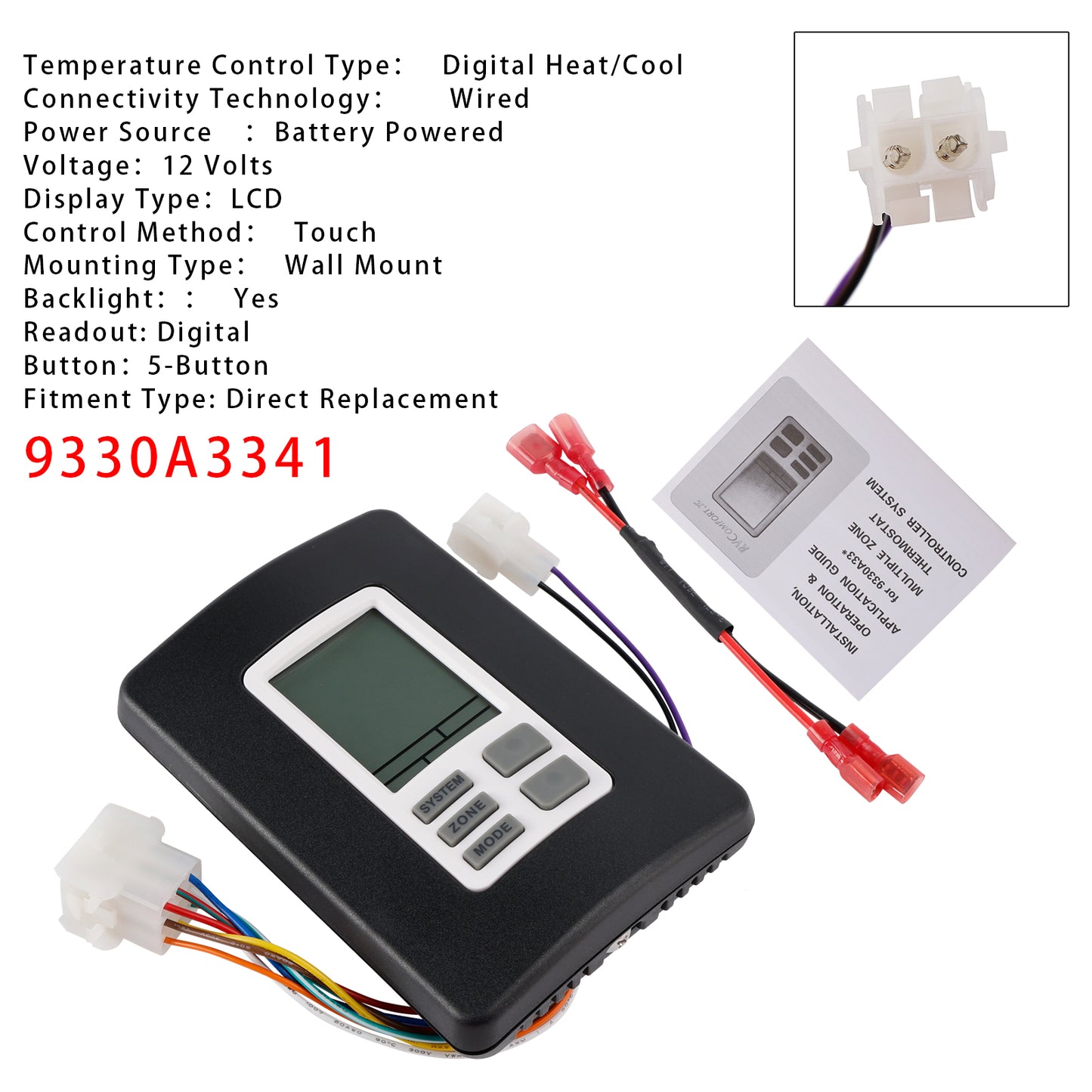 RV 9330A3341 9-Series Digital Zone Thermostat 12V Black