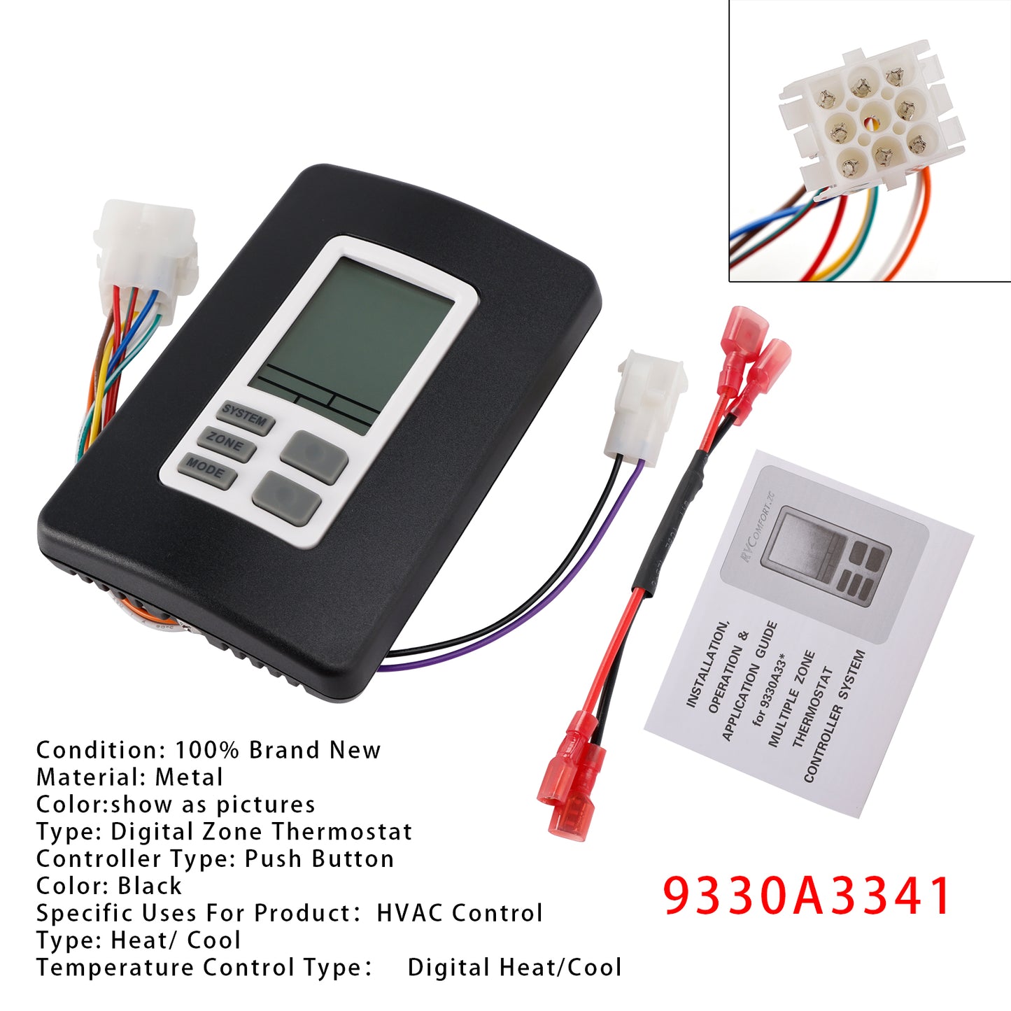 RV 9330A3341 9-Series Digital Zone Thermostat 12V Black