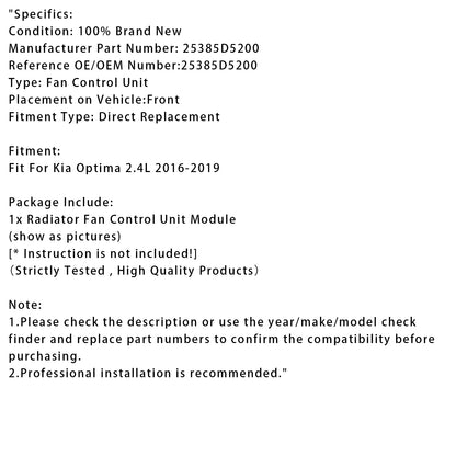 Kia Optima 2.4L 2016-2019 25385D5200 Radiator Fan Control Module