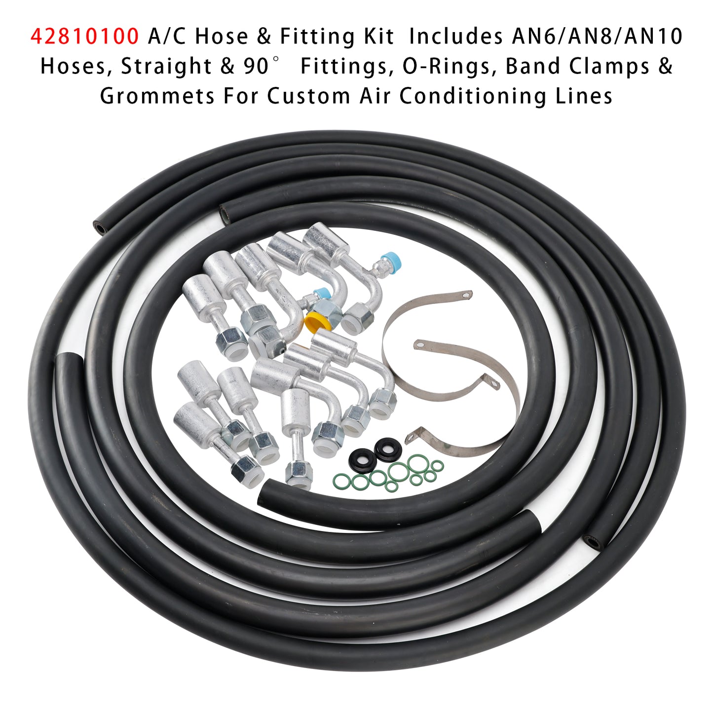 42810100 A/C Hose & Fitting Kit  Includes Band Clamps & Grommets For Custom Air Conditioning Lines, Straight & 90Degree Fittings O-Rings,AN6/AN8/AN10 Hoses