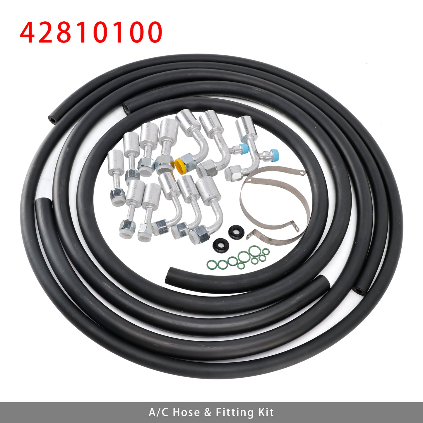 42810100 A/C Hose & Fitting Kit  Includes Band Clamps & Grommets For Custom Air Conditioning Lines, Straight & 90Degree Fittings O-Rings,AN6/AN8/AN10 Hoses