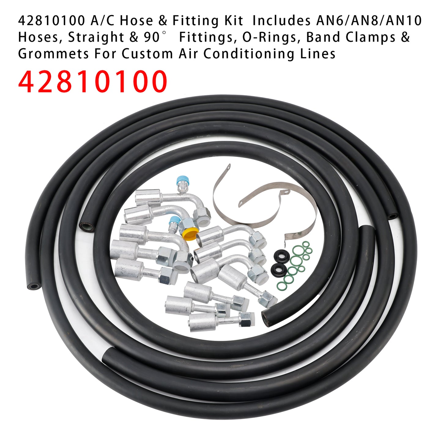 42810100 A/C Hose & Fitting Kit  Includes Band Clamps & Grommets For Custom Air Conditioning Lines, Straight & 90Degree Fittings O-Rings,AN6/AN8/AN10 Hoses