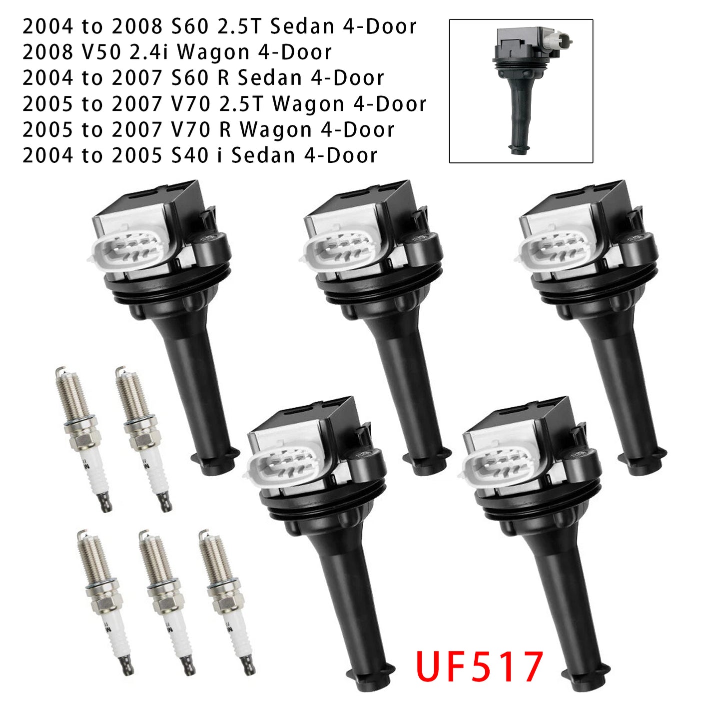 2010-2011 Volvo V50 T5 R-Design Wagon 4-Door UF517+ 5x Ignition Coil Pack Spark Plugs
