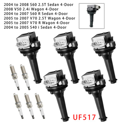 2010-2011 Volvo V50 T5 R-Design Wagon 4-Door UF517+ 5x Ignition Coil Pack Spark Plugs