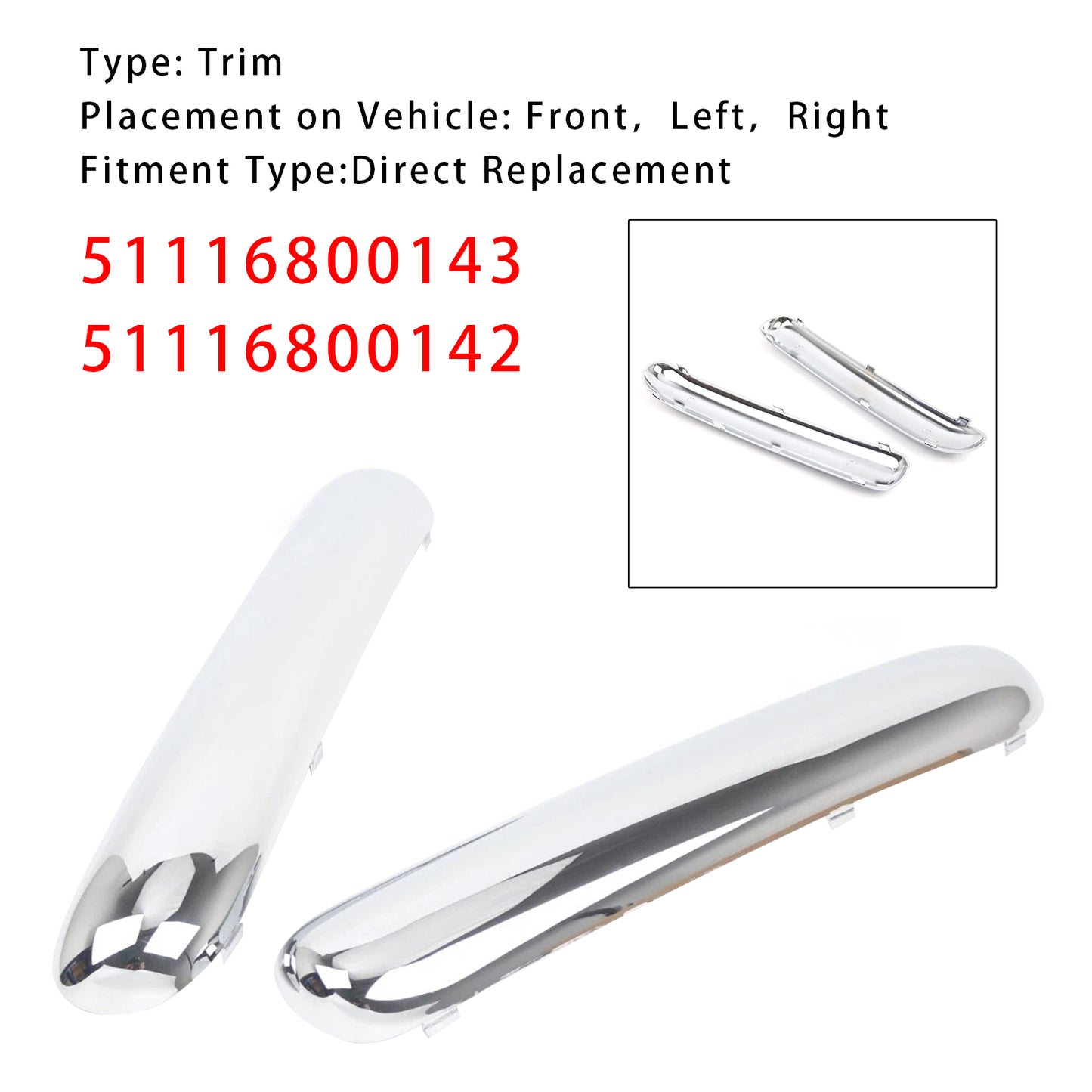 2001.06 - 2004 Mini Copper One Cabrio R50 51116800143 Pair Front Bumper Chrome Trim Set