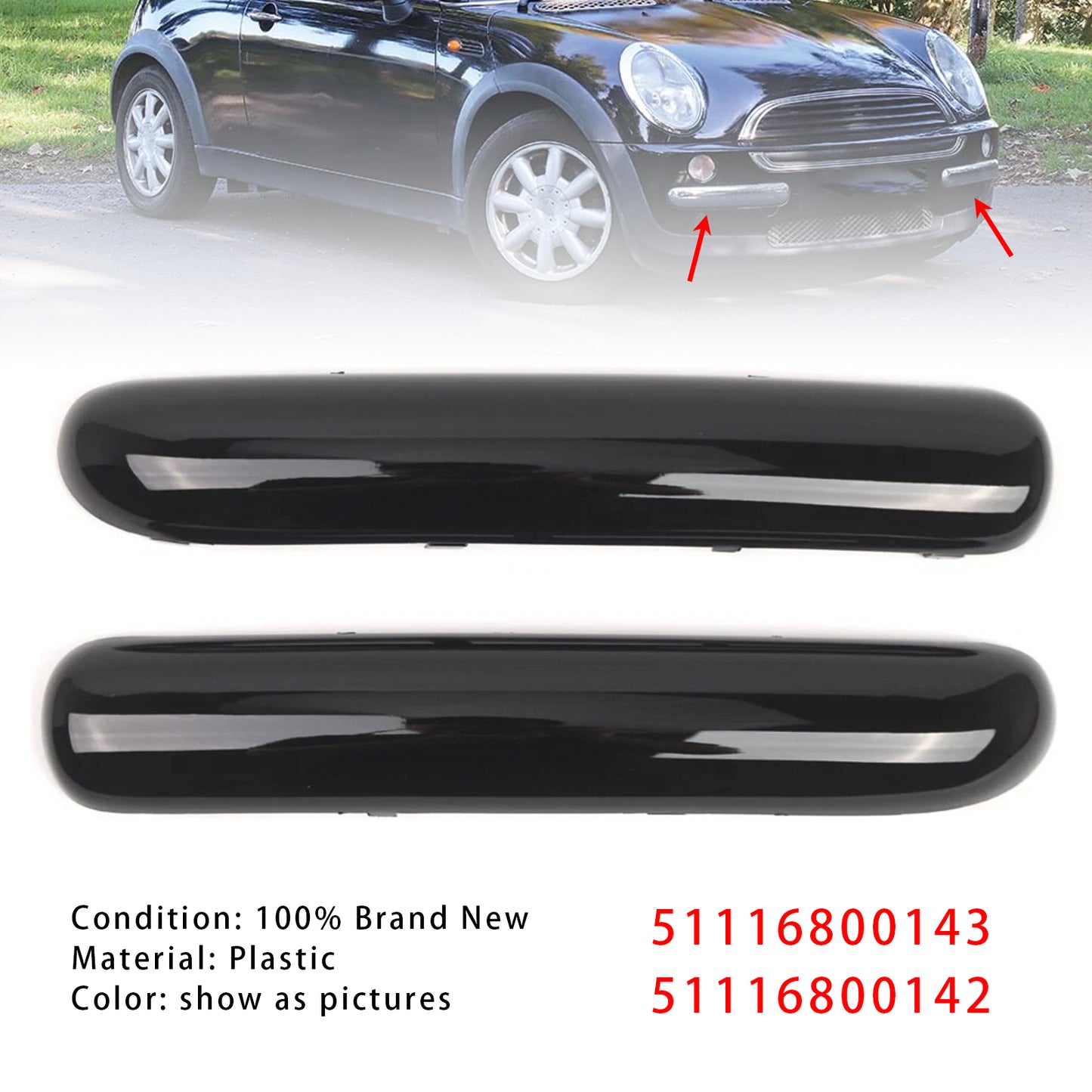 Mini Copper One Cabrio R50 2001.06 - 2004 Glossy Black 51116800143 Pair Front Bumper Trim Set
