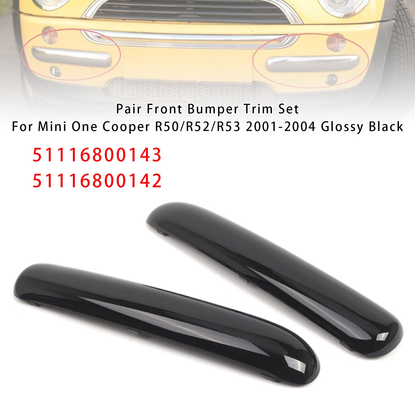 Mini Copper One Cabrio R50 2001.06 - 2004 Glossy Black 51116800143 Pair Front Bumper Trim Set