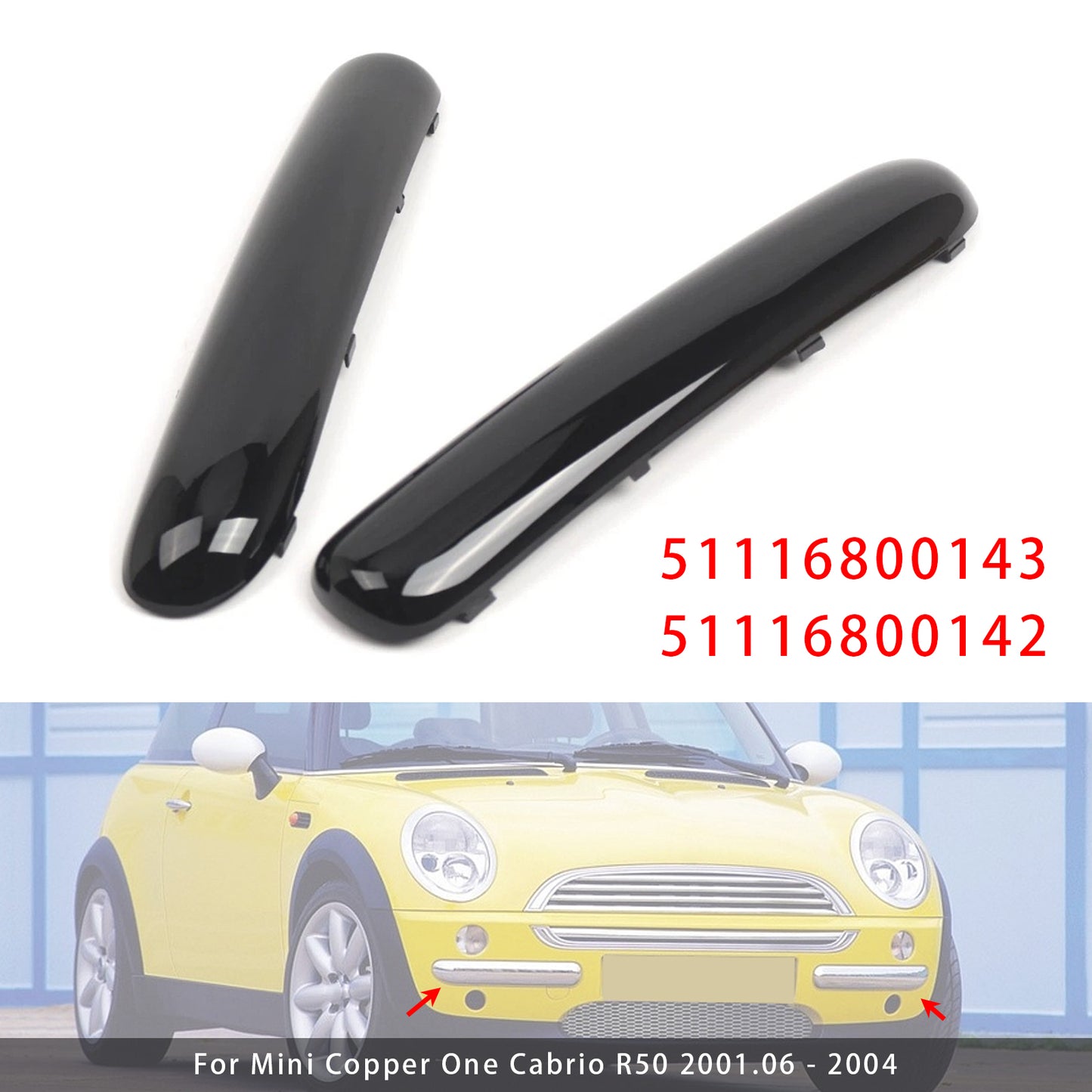 Mini Copper One Cabrio R50 2001.06 - 2004 Glossy Black 51116800143 Pair Front Bumper Trim Set