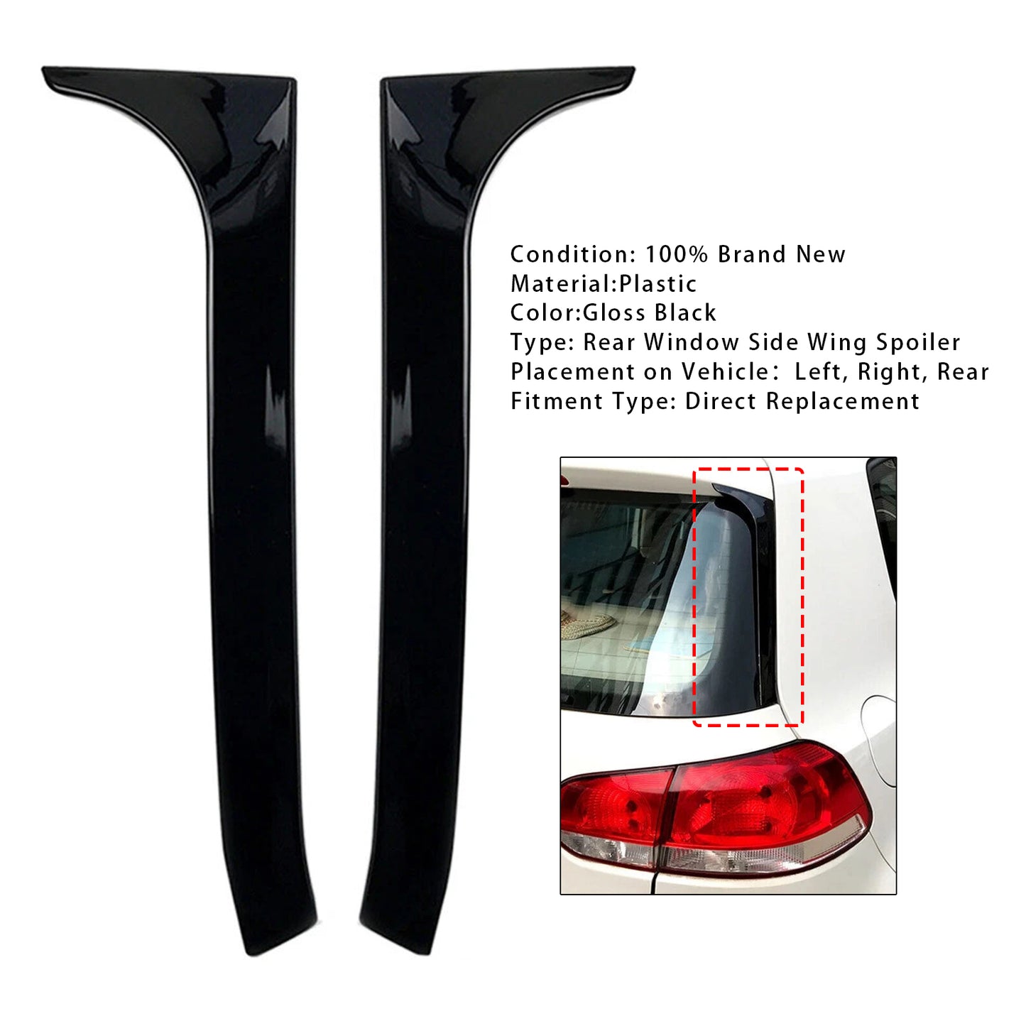 Gloss Black Pair Rear Window Side Wing Spoiler For VW Golf MK6 GTI 08-13