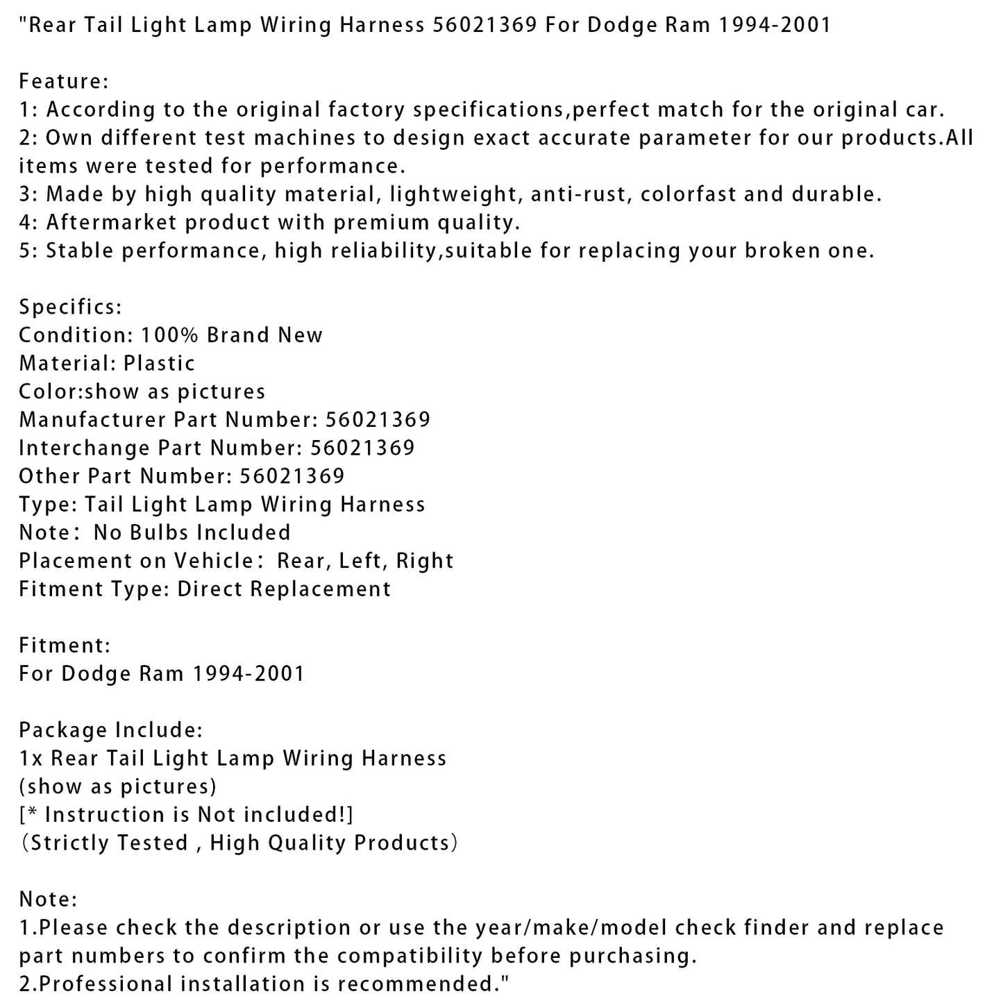 Rear Tail Light Lamp Wiring Harness 56021369 For Dodge Ram 1994-2001