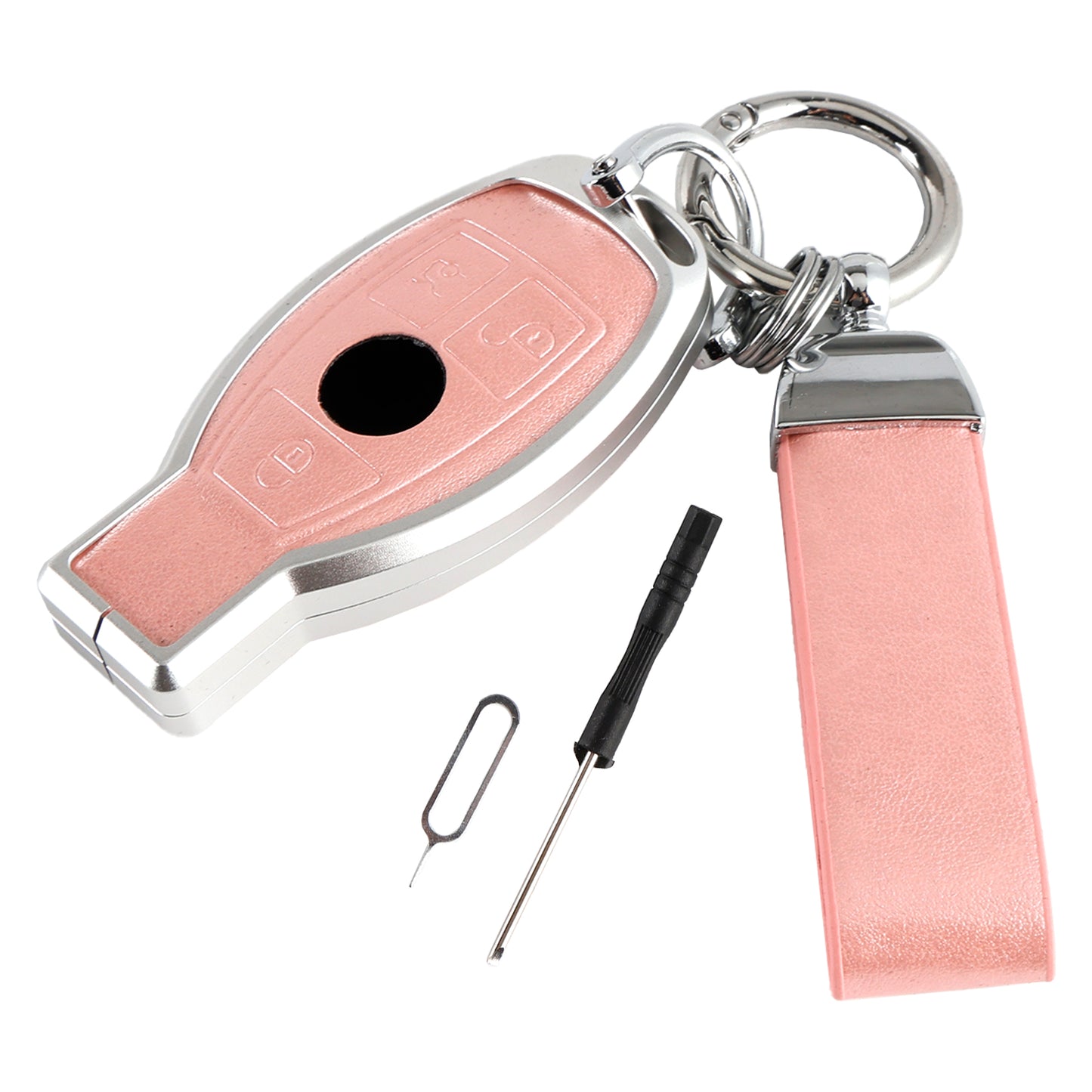 Leather Alloy Aluminum TPU Car Key Pink Case Cover Benz GLC GLK CLS GLA CLA AMG