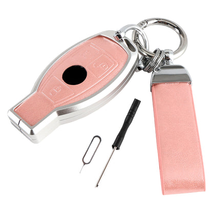 Leather Alloy Aluminum TPU Car Key Pink Case Cover Benz GLC GLK CLS GLA CLA AMG