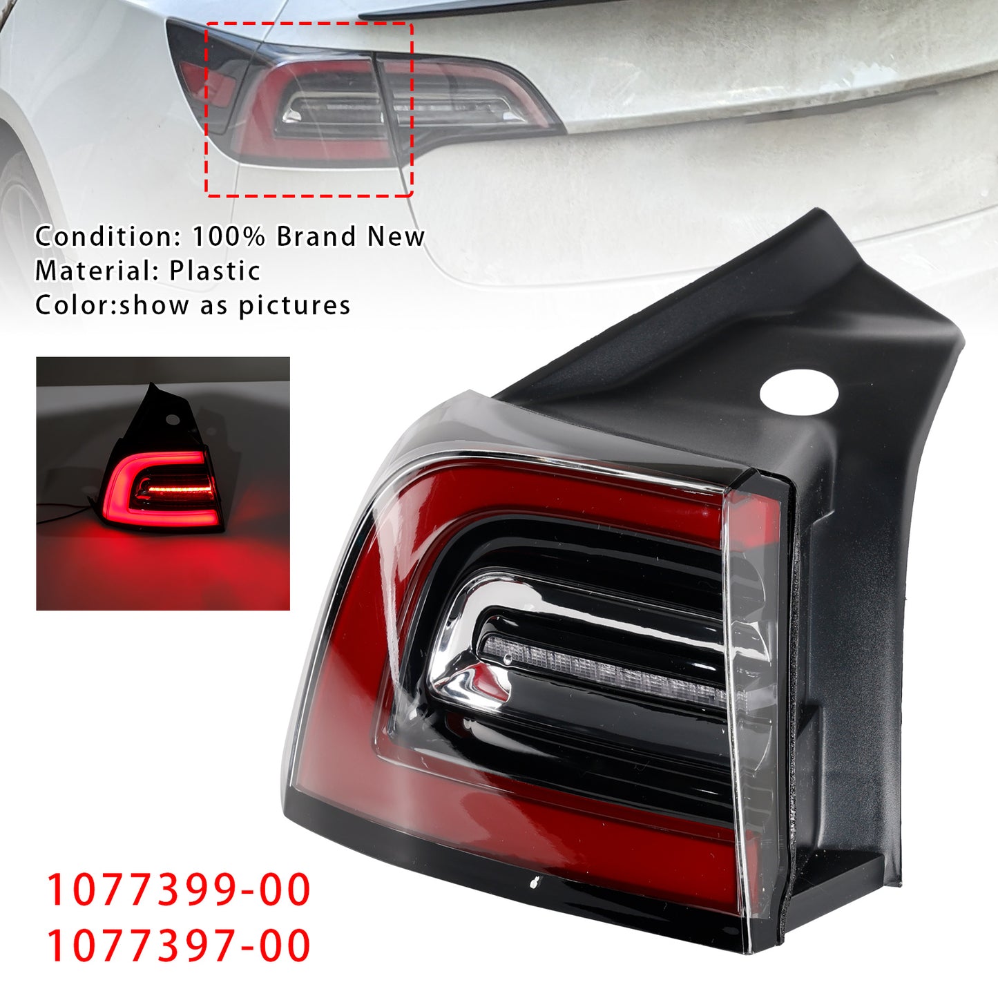 2017-2023 Tesla Model 3 Y 1077399-00 LED Tail Lamp Outer Rear Left Tail Light 3 Pin