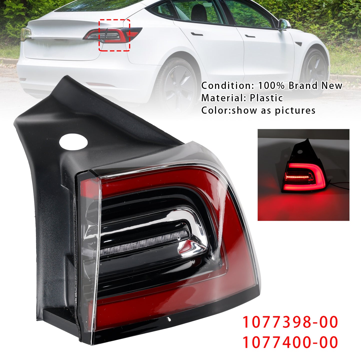 2017-2023 Tesla Model 3 Y 1077398-00 LED Tail Lamp Outer Rear Right Tail Light 3 Pin