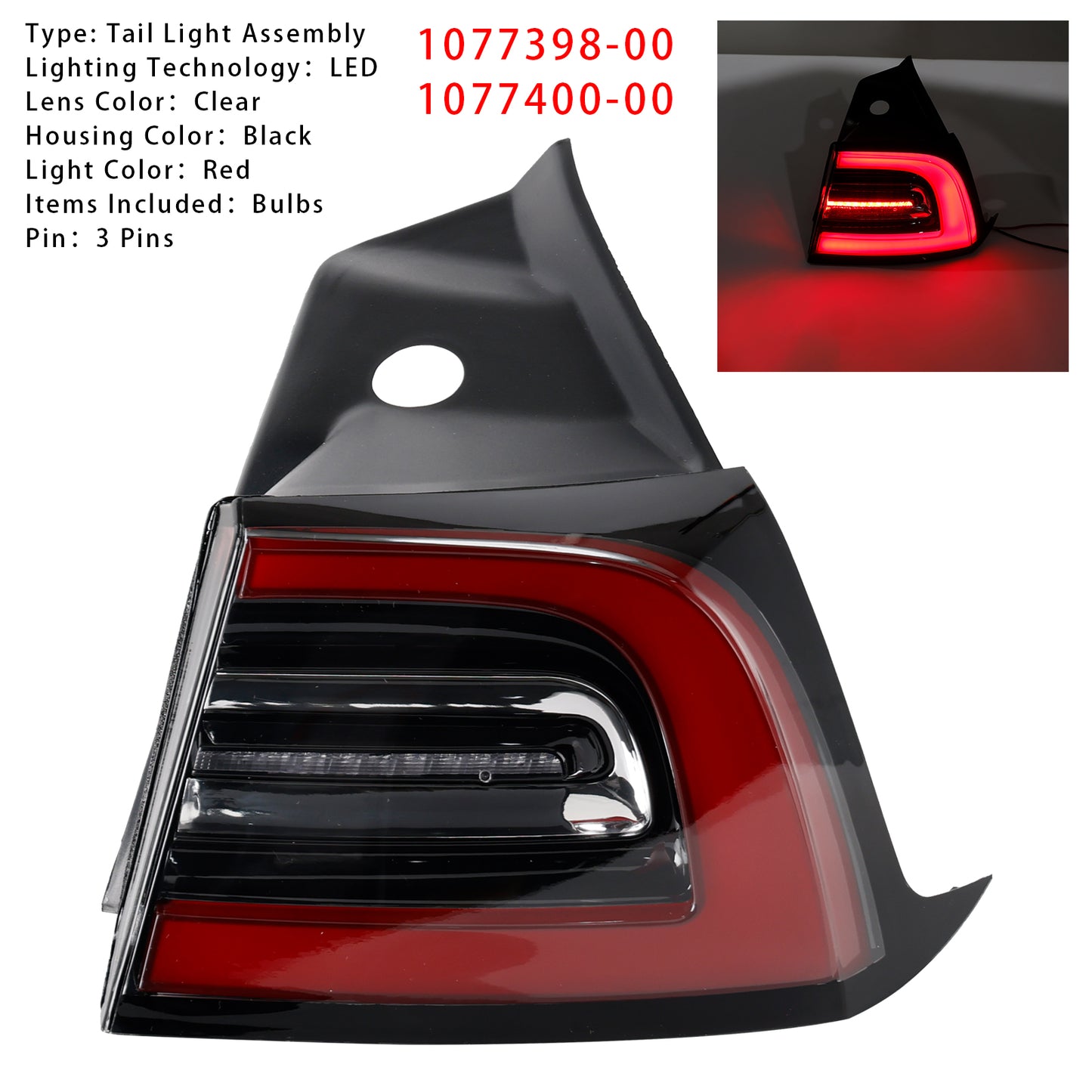 2017-2023 Tesla Model 3 Y 1077398-00 LED Tail Lamp Outer Rear Right Tail Light 3 Pin