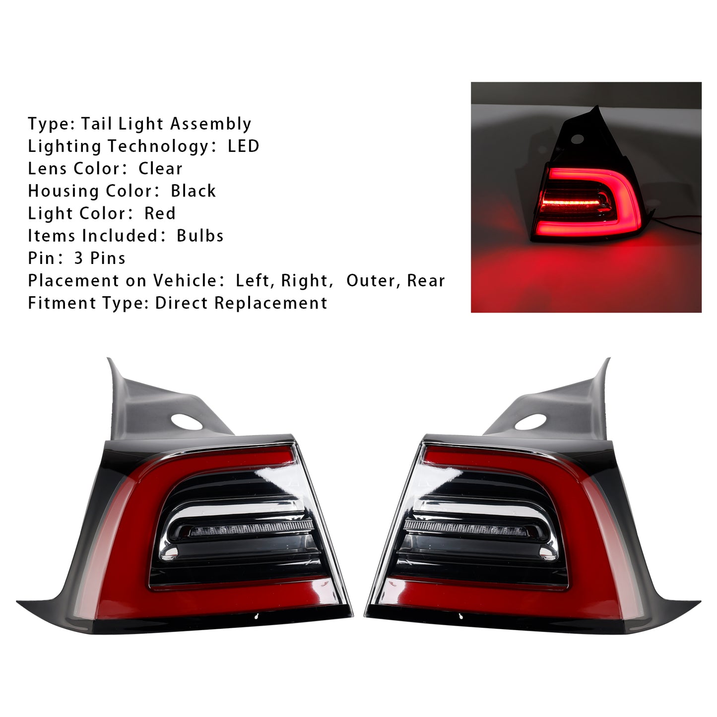 2017-2023 Tesla Model 3 Y 1077399-00 LED Tail Lamp Outer Rear Left+Right Tail Light 3 Pin