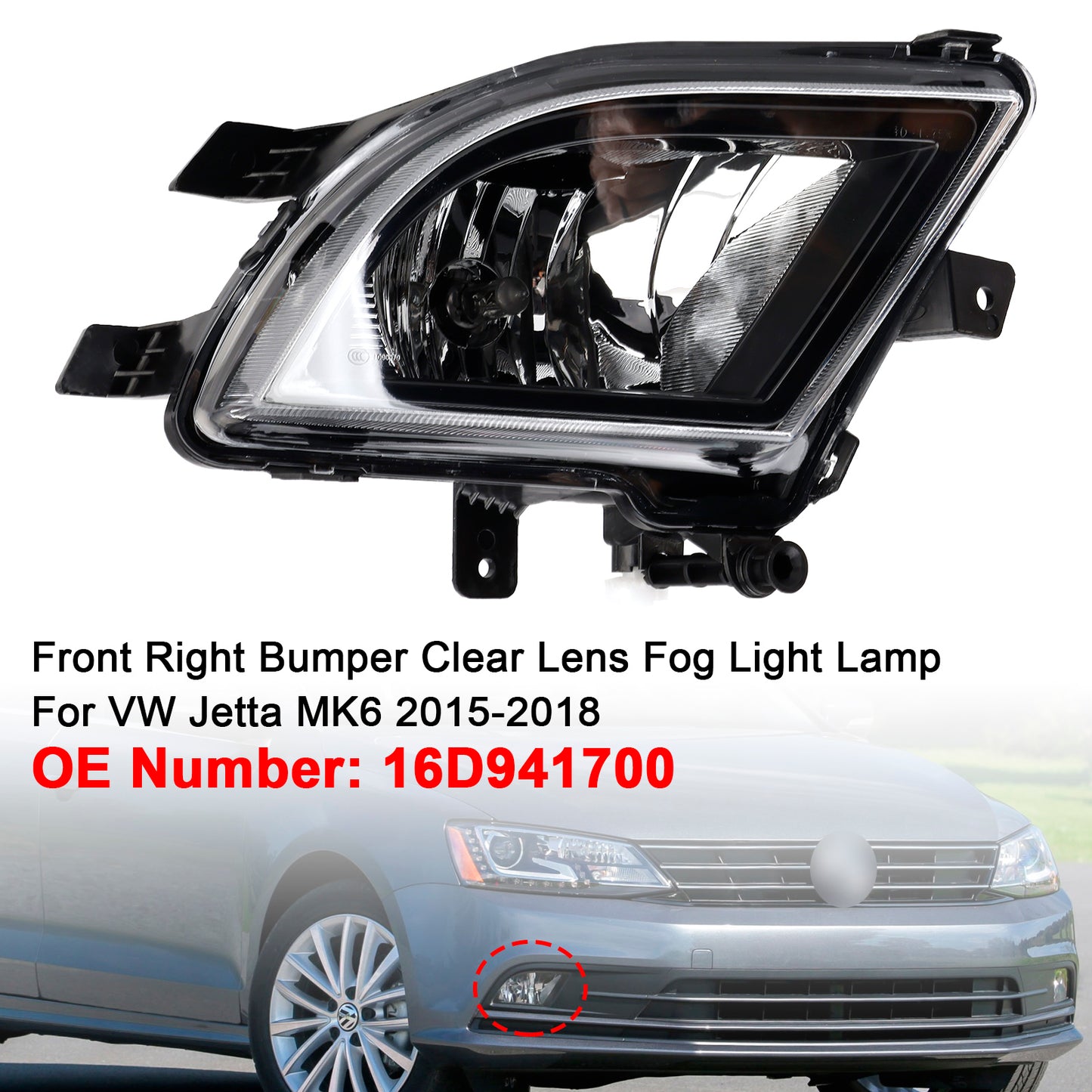 2015-2018 VW Volkswagen Jetta 16D941700 Front Right Bumper Clear Lens Fog Light Lamp