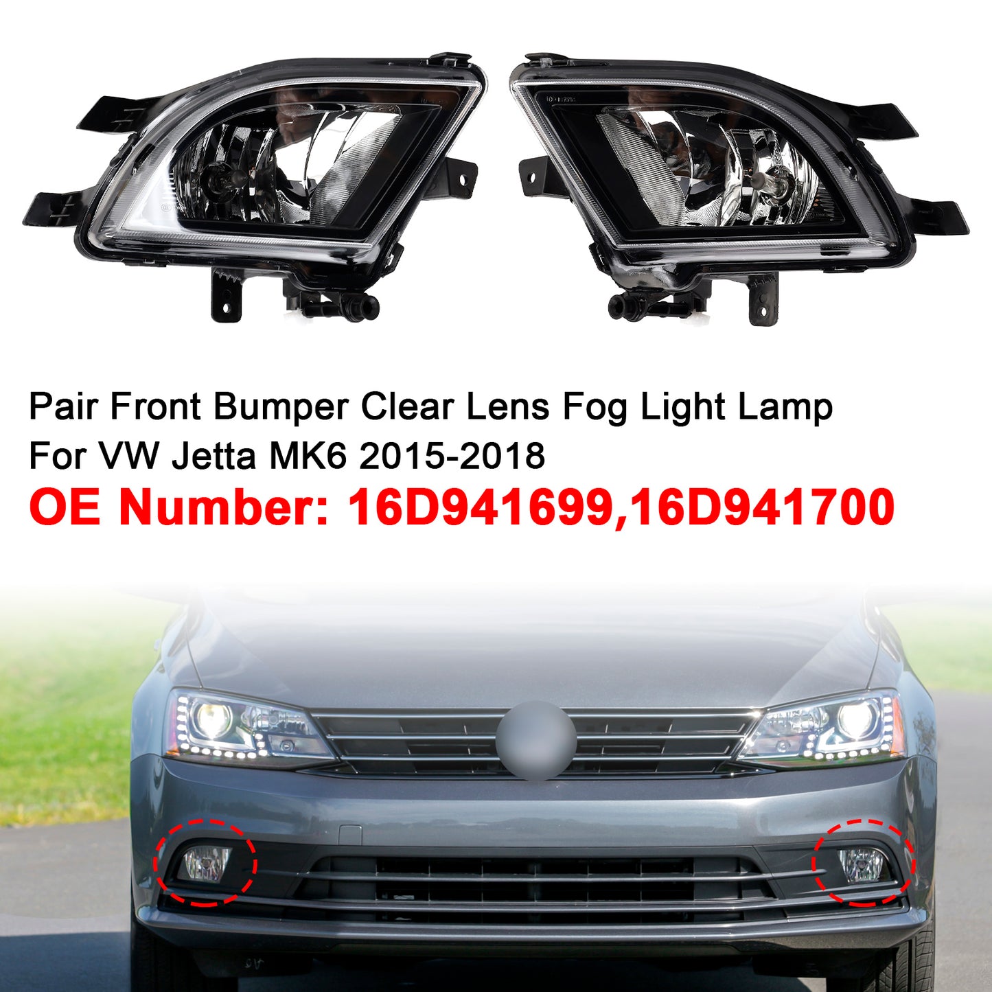 2015-2018 VW Volkswagen Jetta 16D941699 Pair Front Bumper Clear Lens Fog Light Lamp