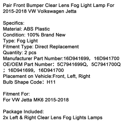 VW Jetta MK6 2015-2018 16D941699 Pair Front Bumper Clear Lens Fog Light Lamp