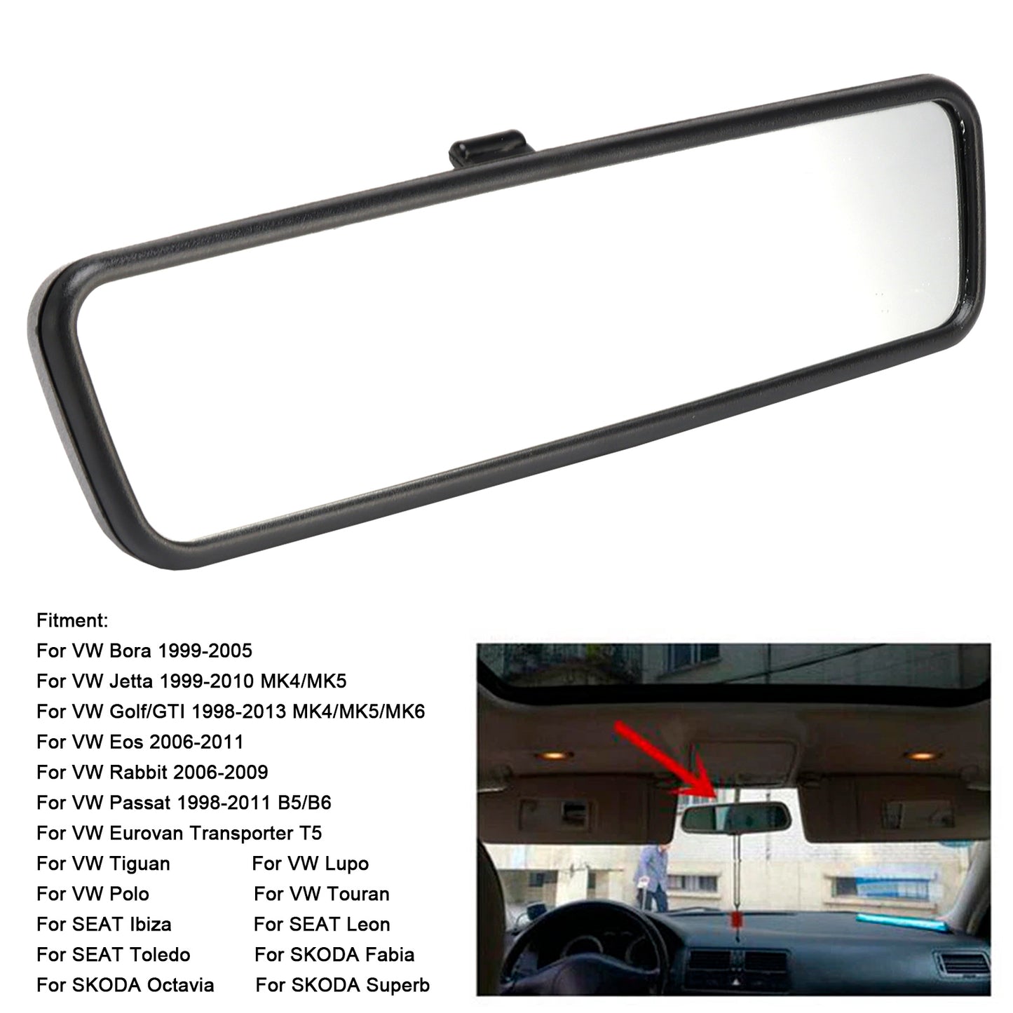 1998-2013 VW Golf/GTI18D 857 511H Black Rear View Interior Mirror Glass